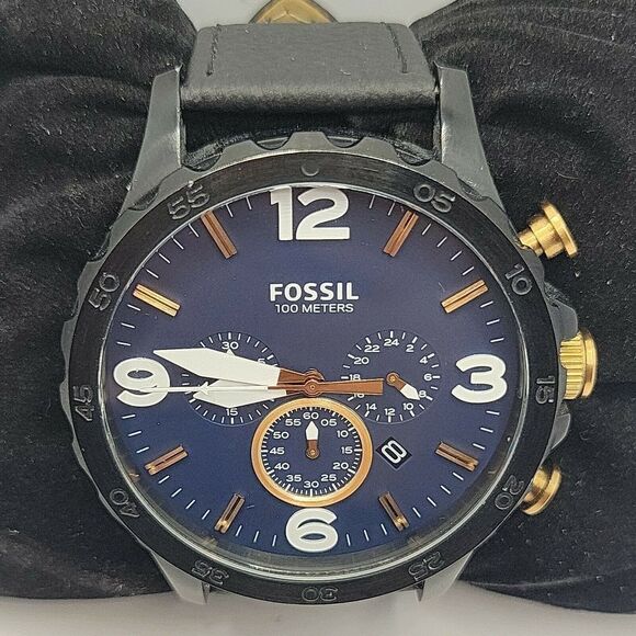FOSSIL Nate JR1494 Men's Black Leather Analog Blue Dial Quartz Wrist Watch BC308 - Picture 1 of 10
